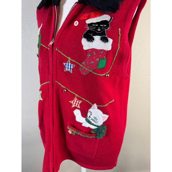 Vintage Studio Joy Red Zip-Up Vest Embroidered Christmas Cats Faux Fur Collar XL - Picture 6 of 10